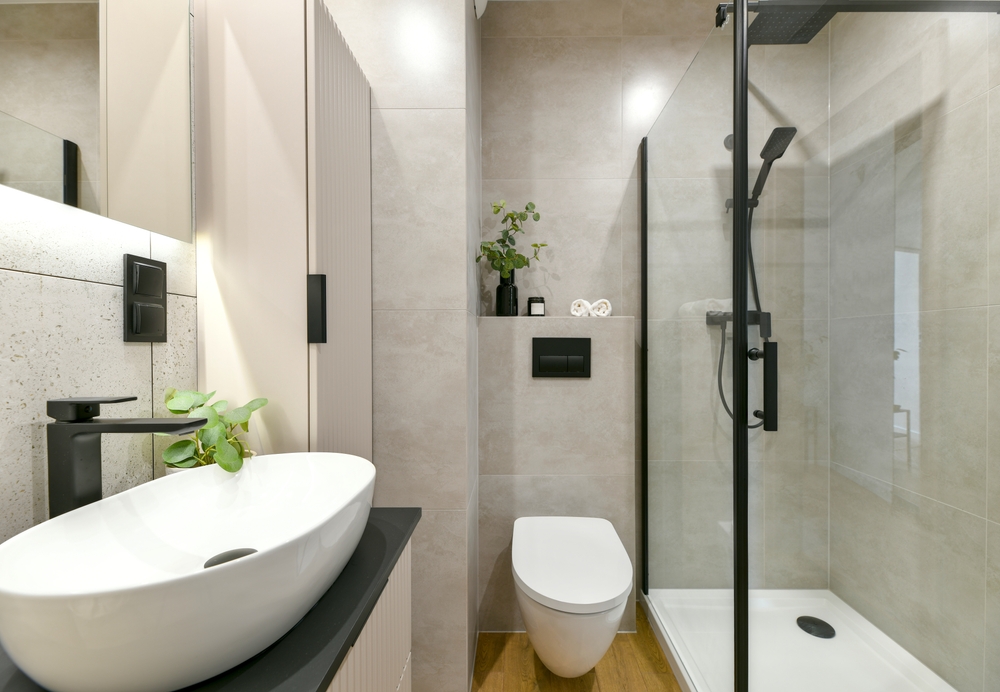 Photo,Of,Modern,Small,Bathroom,With,Cashmere,Cabinets,,Led-lit,Mirror,